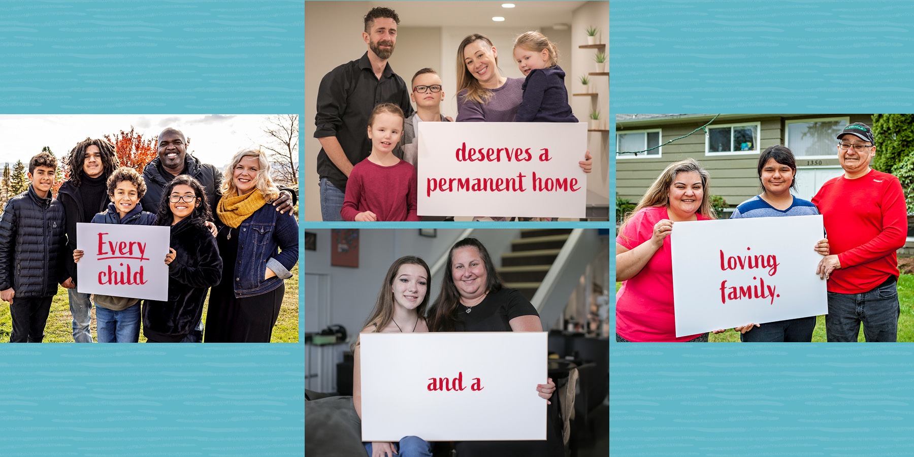 A collage of diverse families smiling and holding signs that read: Every child deserves a permanent home and a loving family. The blue background features subtle patterns, celebrating every story and saying Thank You for sharing your story.