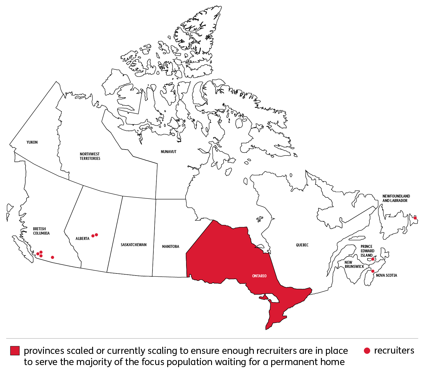 A map of Canada highlights Ontario in red to show provinces scaling recruiters for housing needs through Wendy's Wonderful Kids; small red dots mark recruiter locations in British Columbia, Alberta, Ontario, Quebec, and Nova Scotia.