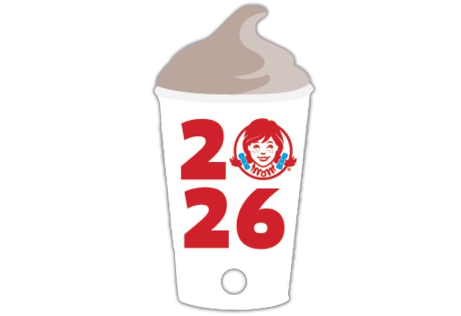A stylized illustration of a Wendy's Frosty cup with the numbers 2026 in red, the Wendy's logo between them, and a white cup topped with light brown Frosty—highlighting a special Wendy's partnership.