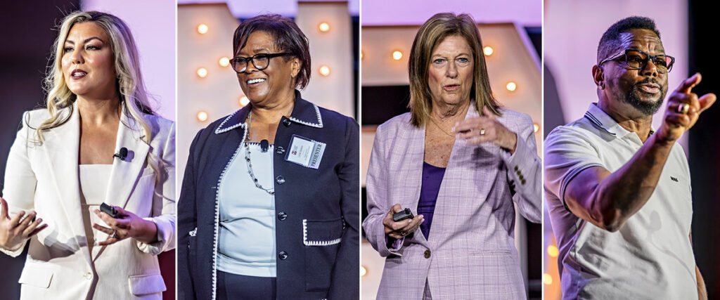 Four diverse professionals, including a supervisor of the year, speak on stage in separate panels. They wear business attire and appear engaged, gesturing as they address an audience against bright stage lights and a blurred event backdrop.