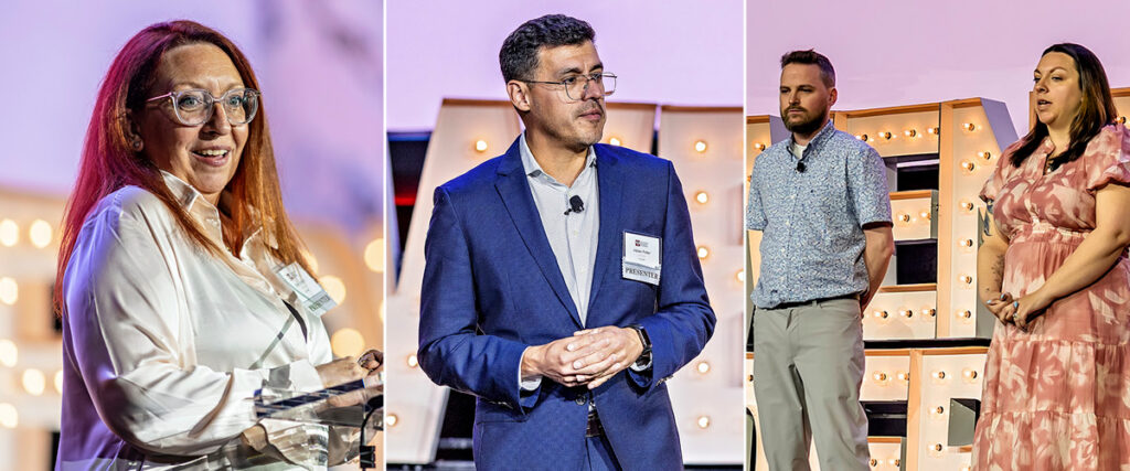 A composite image shows three pairs of speakers onstage at a professional event, including a supervisor of the year recipient: a woman with red hair at a podium, a man in a blue suit, and a duo before lit marquee letters.