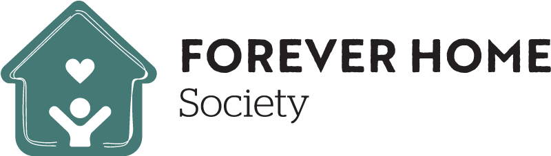 Logo for Forever Home Society featuring a stylized house with a person and a heart inside, highlighting the organization name in bold and regular fonts—perfect for promoting planned giving or legacy donations.