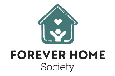 Teal house outline with a heart and a person inside, representing care. Below, bold text reads FOREVER HOME and smaller text underneath says Society.