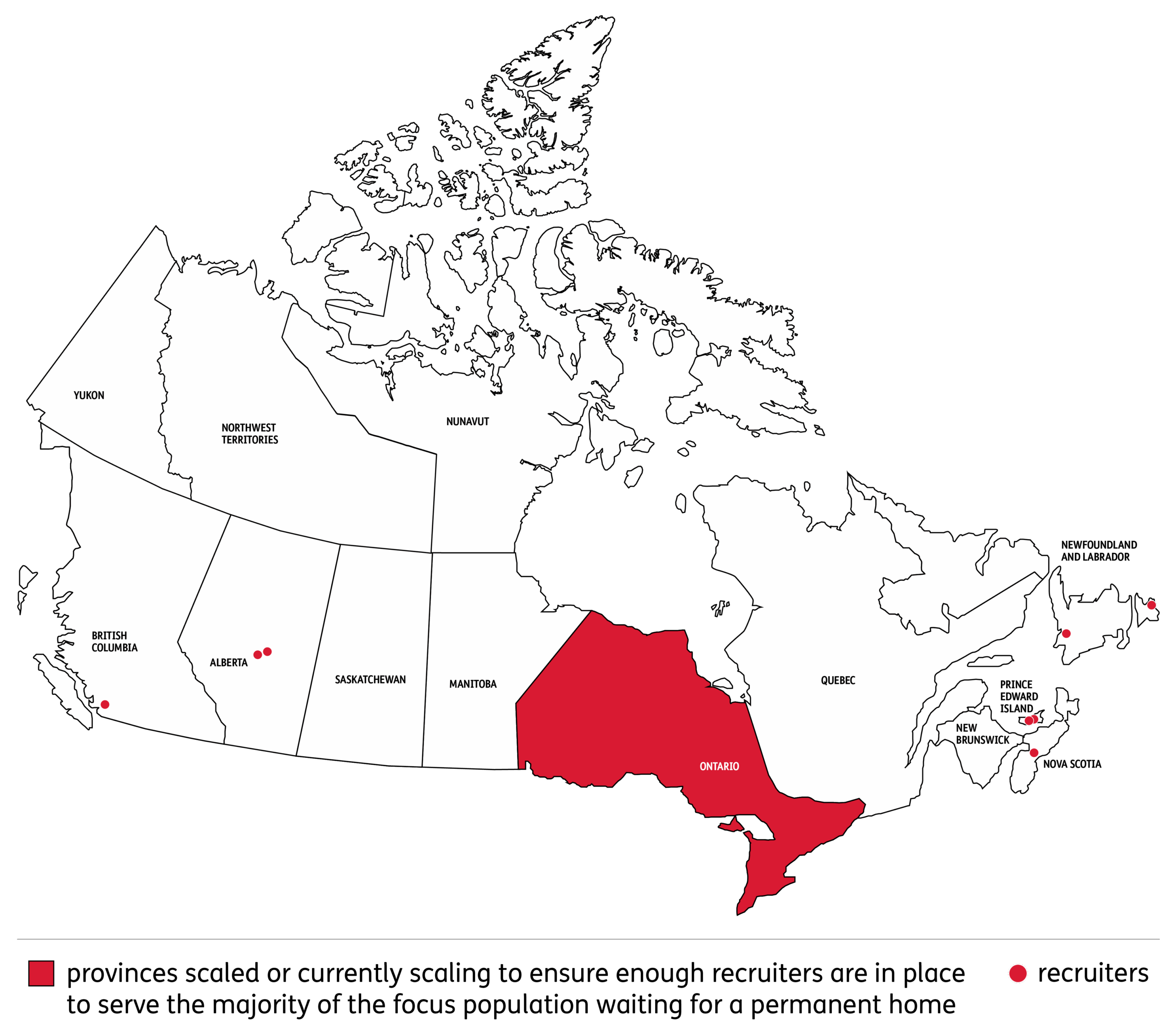 A map of Canada highlights Ontario in red to show provinces scaling recruiters for housing needs through Wendy's Wonderful Kids; small red dots mark recruiter locations in British Columbia, Alberta, Ontario, Quebec, and Nova Scotia.